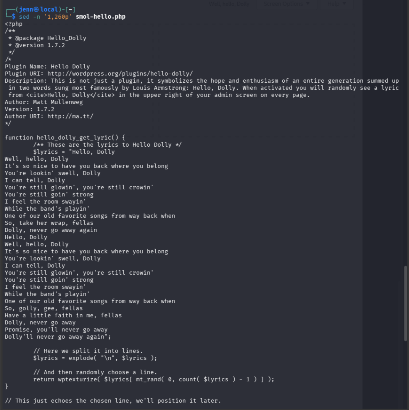 Recovered Hello Dolly plugin source showing its normal plugin code